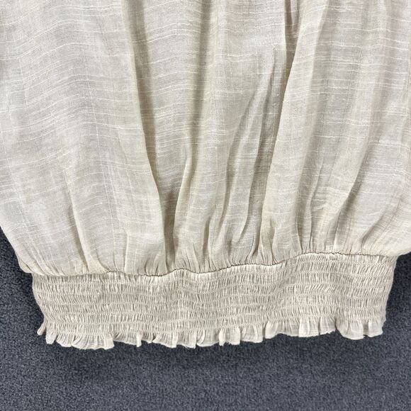 Mine Top Womens Small‎ Beige Ruffle Sleeveless Blouse semi sheer flower neck - Picture 5 of 14